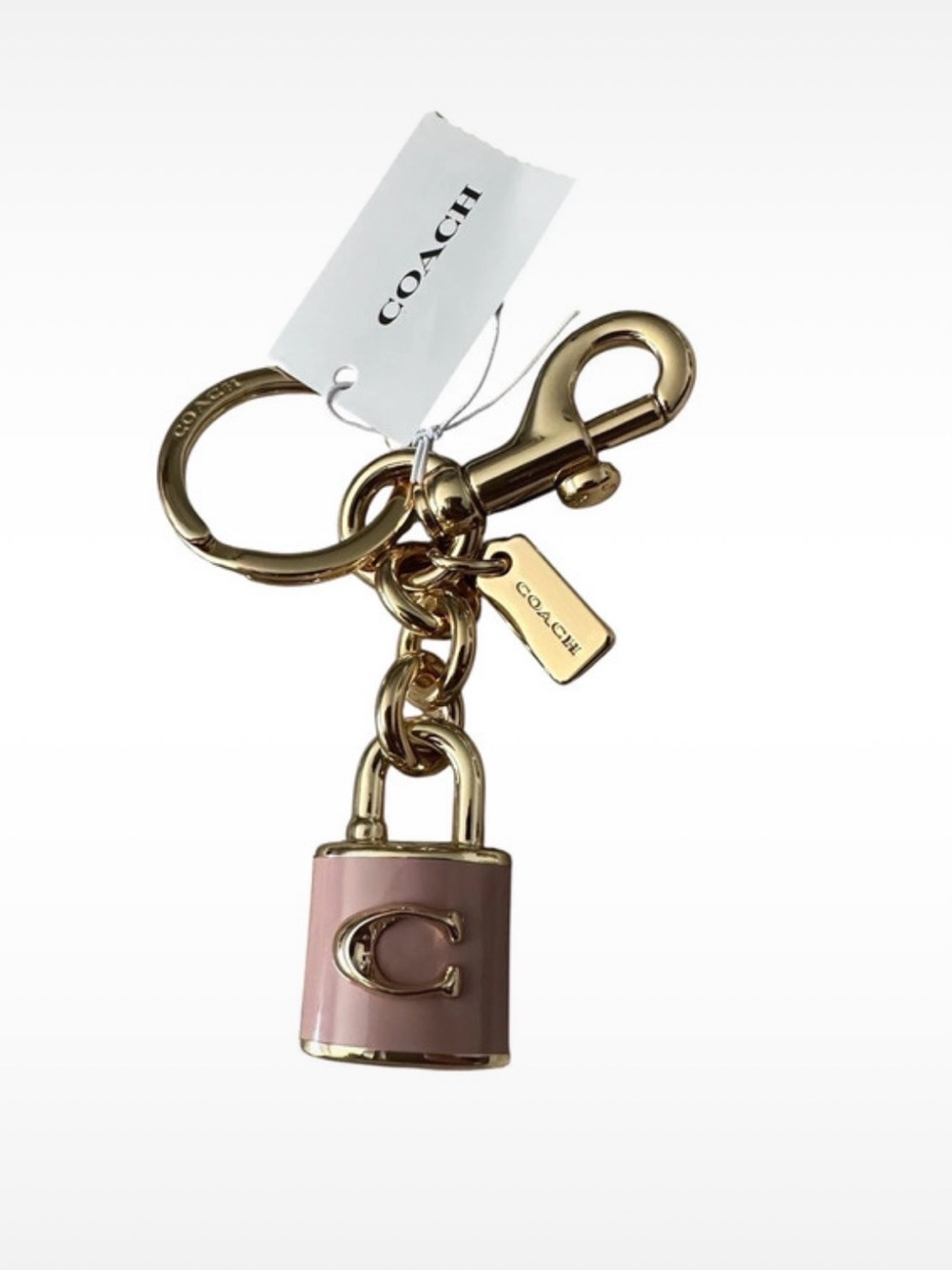COACH Pink Enamel & Gold Padlock Bag Charm Key Ring Leash Clip NWT